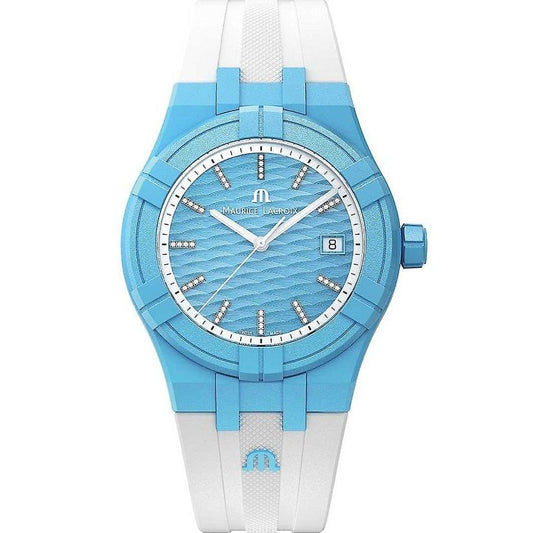 MAURICE LACROIX MOD. AIKON #TIDE ladies quartz watch with 40mm plastic case, blue caucciù strap, sapphire dial, 10 ATM water resistant.