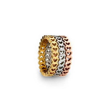 Elegant heart-styled stackable rings by AN JEWELS JEWELRY Mod. AL.RSC01SYR-9 in gold, silver, and rose gold hues.