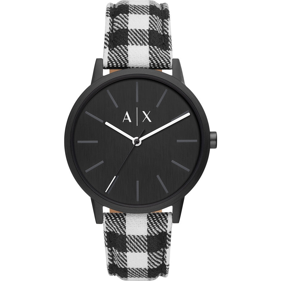 Alt Tag: A|X ARMANI EXCHANGE Mod. CAYDE gent wristwatch with 42mm case, official packaging, featuring a black dial and checkered strap.