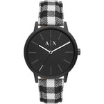 Alt Tag: A|X ARMANI EXCHANGE Mod. CAYDE gent wristwatch with 42mm case, official packaging, featuring a black dial and checkered strap.