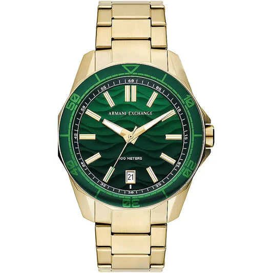 A|X ARMANI EXCHANGE Mod. SPENCER wristwatch in SS IP Gold with green dial, 10 ATM water resistance, 44mm case, quartz movement.
