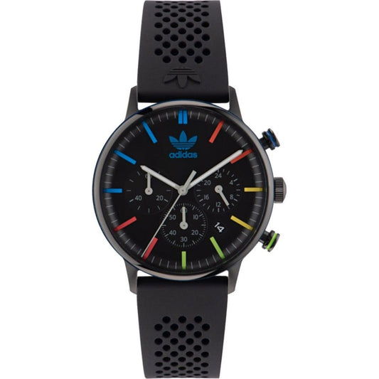 Adidas Black Synthetic Sport Watch with quartz mechanism, analog display, black stainless steel case, silicone bracelet, stopwatch.