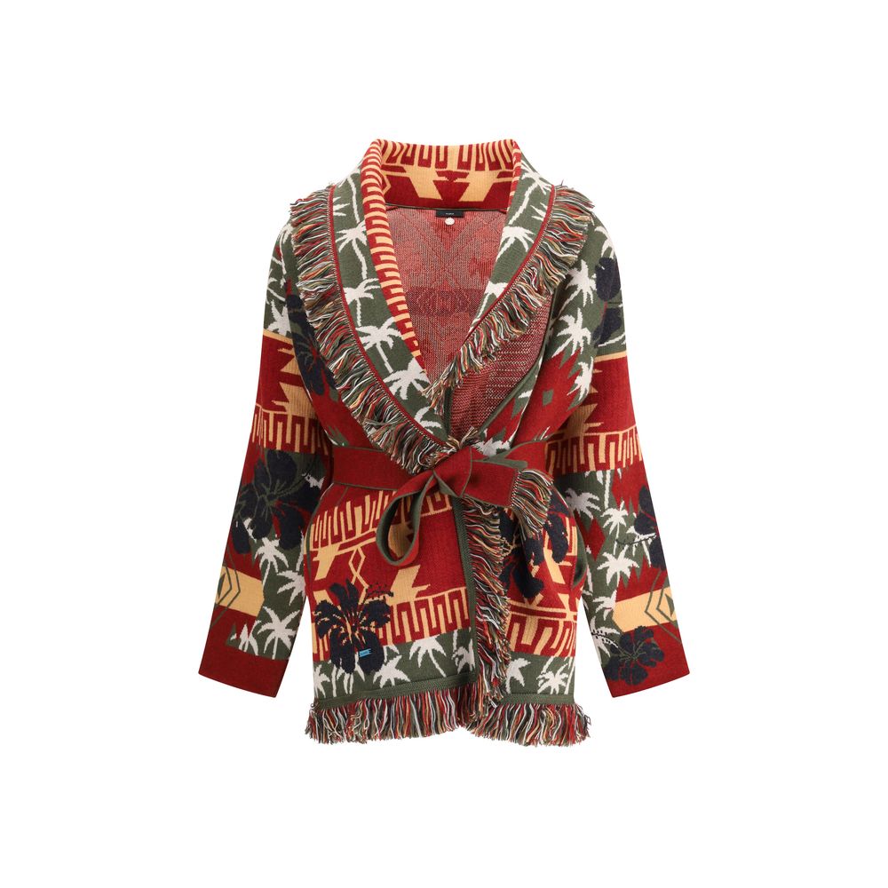 Alanui Multicolor Fleece Wool Cardigan with hibiscus and palm tree pattern, Italian-made, double jacquard, two-tone belt and fringed edges.