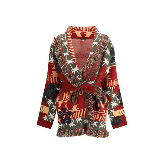 Alanui Multicolor Fleece Wool Cardigan with hibiscus and palm tree pattern, fringed edges, and sash belt, celebrating Hawaiian design.