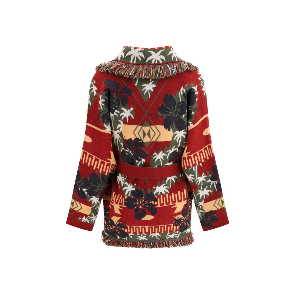 Alanui Multicolor Fleece Wool Cardigan with hibiscus and palm tree pattern, featuring sash belt and fringed edges, back view.