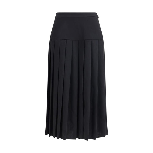 Alessandra Rich Black Fleece Wool Midi Skirt with pleats and side zipper, elegant design for sophisticated autumn winter looks.