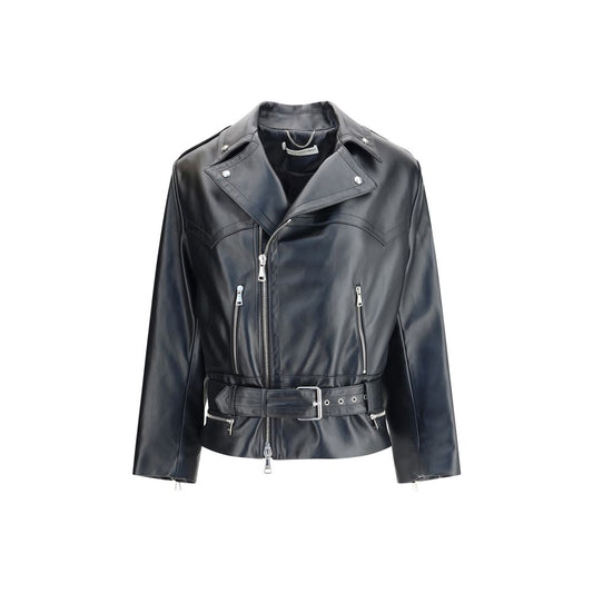 Alessandra Rich Black Leather Biker Jacket with wide lapels, side zipper, zippered pockets, and a removable buckle belt for stylish AW25 wear.