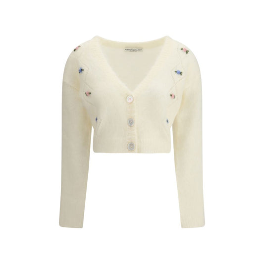 Alessandra Rich White Mohair Cardigan with floral embroidery and button closure, featuring a V-neckline, ribbed hem, and cuffs.