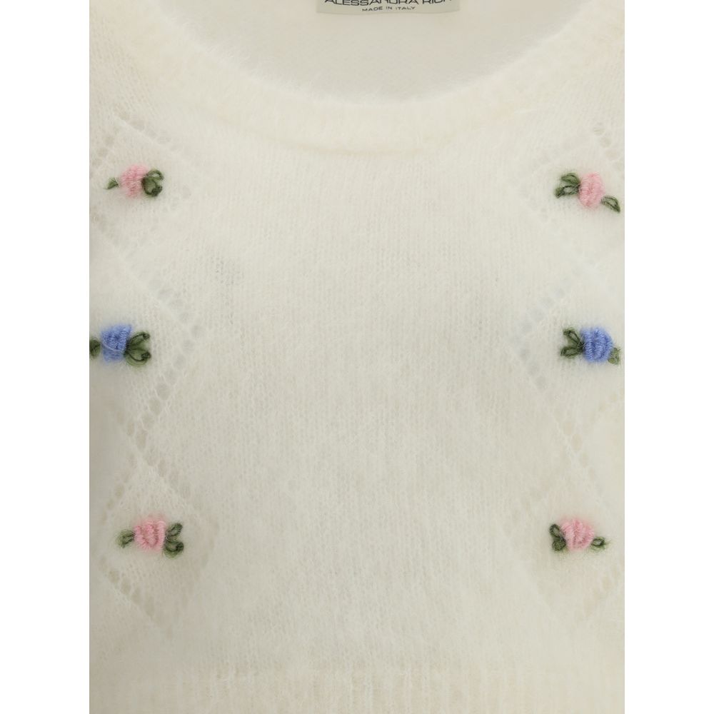 Alessandra Rich White Mohair Sweatshirt with embroidered flowers and openwork details, round neckline, and ribbed hemline for AW25.