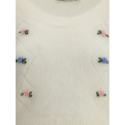 Alessandra Rich White Mohair Sweatshirt with embroidered flowers and openwork details, round neckline, and ribbed hemline for AW25.