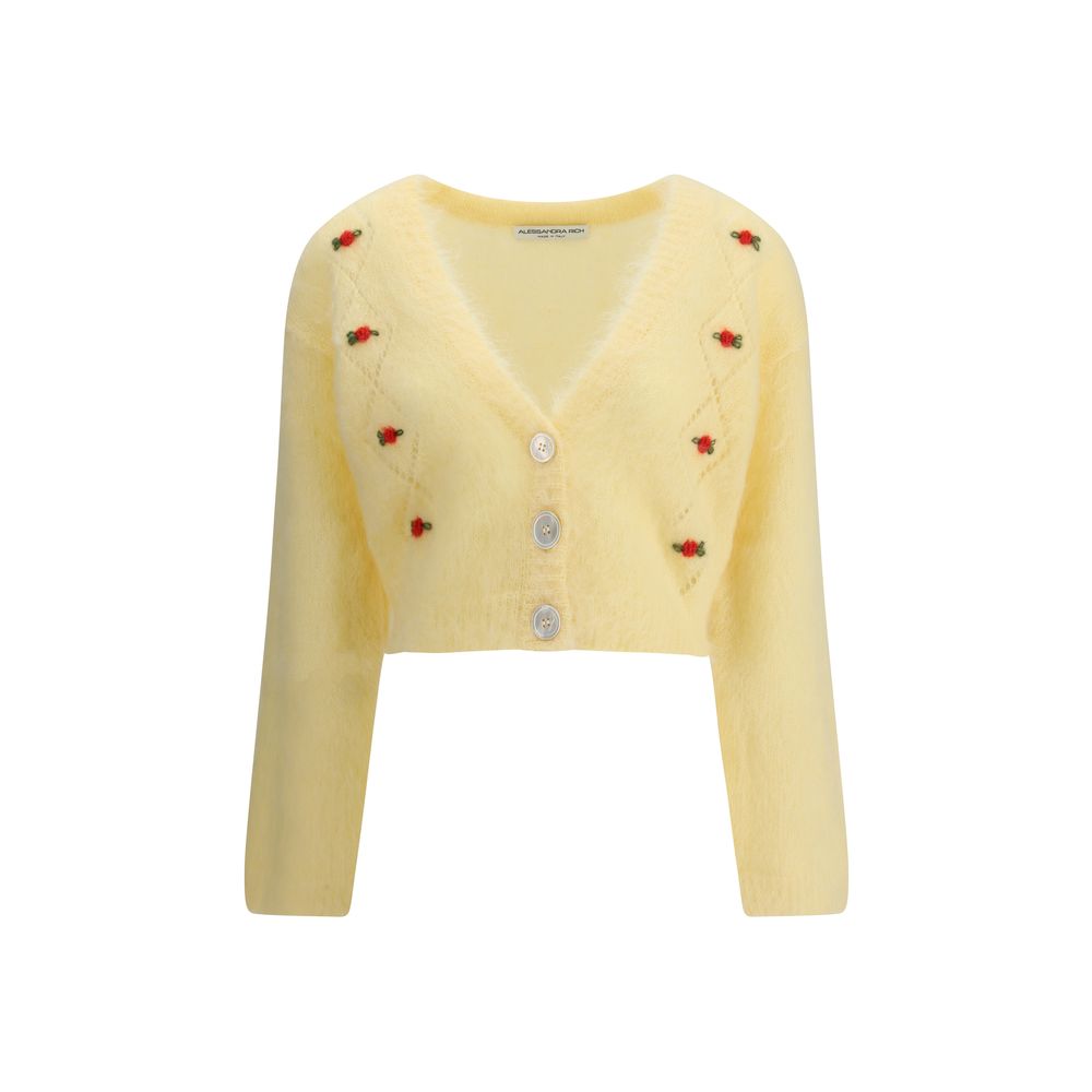Alessandra Rich Yellow Mohair Cardigan with floral embroidery, V-neckline, and button closure. Ideal for a retro-inspired look.