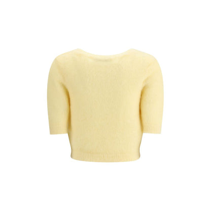 Back view of Alessandra Rich Yellow Mohair Sweatshirt with short sleeves and round neckline, featuring embroidered flowers and ribbed hemline.