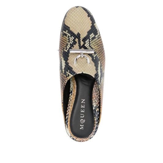 Alexander McQueen Sandals MultiColour beige snakeskin print with hardware detail, flat sole, open back, leather slippers, 2 cm heel