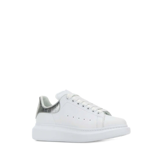 Alexander McQueen Sneakers Silver with white leather, metallic heel, crocodile detail, lace-up, rubber sole, oversized design.