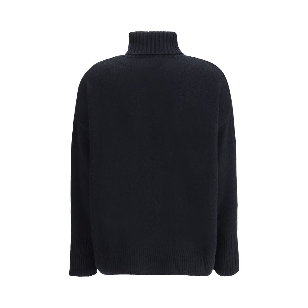 Back view of Allude Black Cashmere Cashmere Sweater with high collar, ribbed cuffs, and hem, showcasing timeless elegance and comfort.