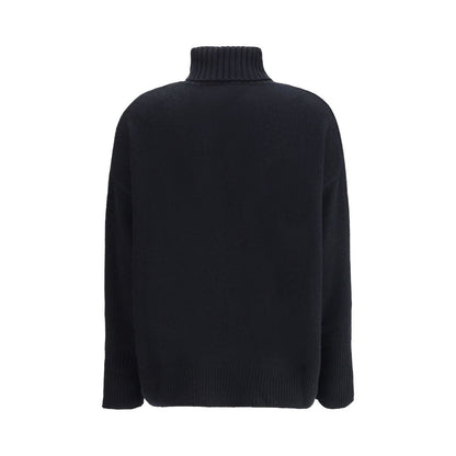 Back view of Allude Black Cashmere Cashmere Sweater with high collar, ribbed cuffs, and hem, showcasing timeless elegance and comfort.