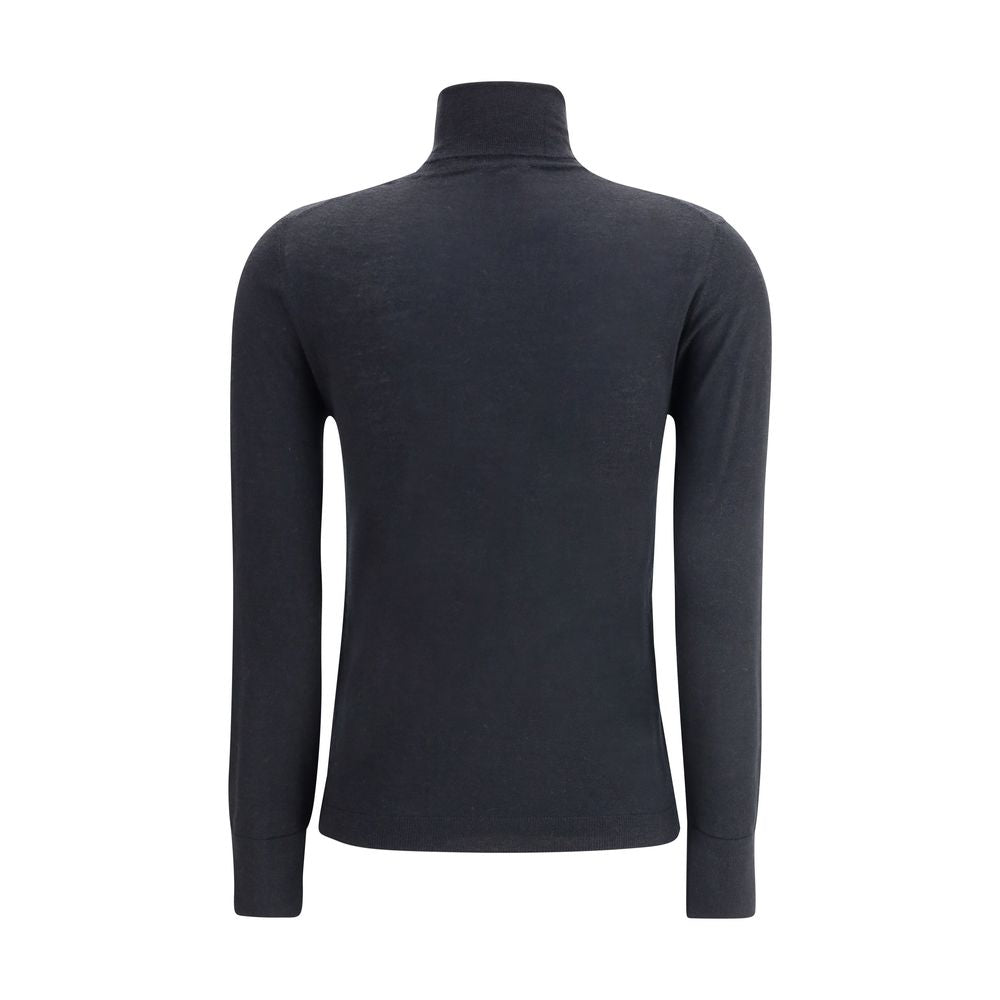Allude Black Cashmere Turtleneck, rear view of gray mélange sweater with ribbed collar, hem, and cuffs, perfect for elegant winter fashion.