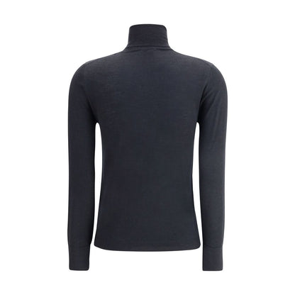 Allude Black Cashmere Turtleneck, rear view of gray mélange sweater with ribbed collar, hem, and cuffs, perfect for elegant winter fashion.