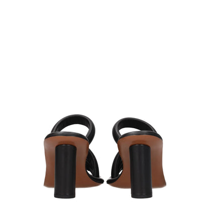 Rear view of Ambush Black Leather Stiletto Heel Sandals with open toe and high heel design, featuring leather sole and rhinestones.