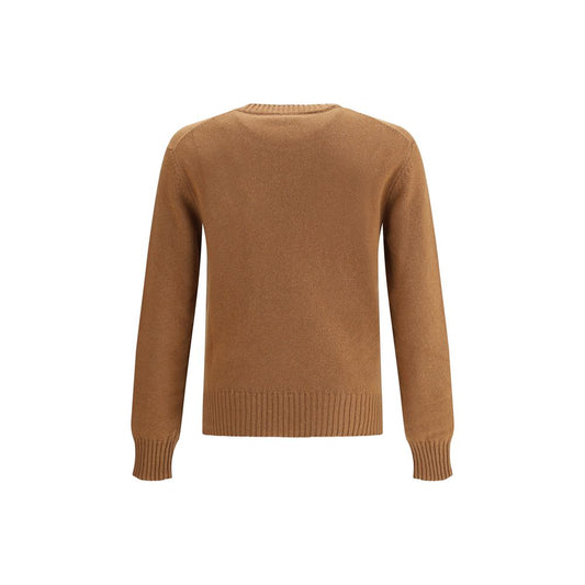 Back view of an Ami Paris Ami De Coeur Sweater in brown with ribbed cuffs and hem, made of wool and kashmir, featuring a minimalist design.