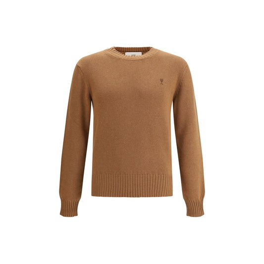 Ami Paris Ami De Coeur Sweater in brown with ribbed crew neck, cuffs, and hem, featuring embroidered logo on chest, made of wool and cashmere.