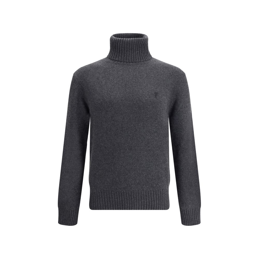 Ami Paris Gray Cashmere Turtleneck sweater with ribbed hem and cuffs, featuring the iconic logo on front for a stylish and comfortable autumn look.