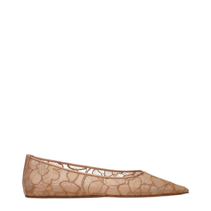 Amina Muaddi Beige Fabric Ballet Flats with unique embellishments, side view showcasing lace pattern and sleek design