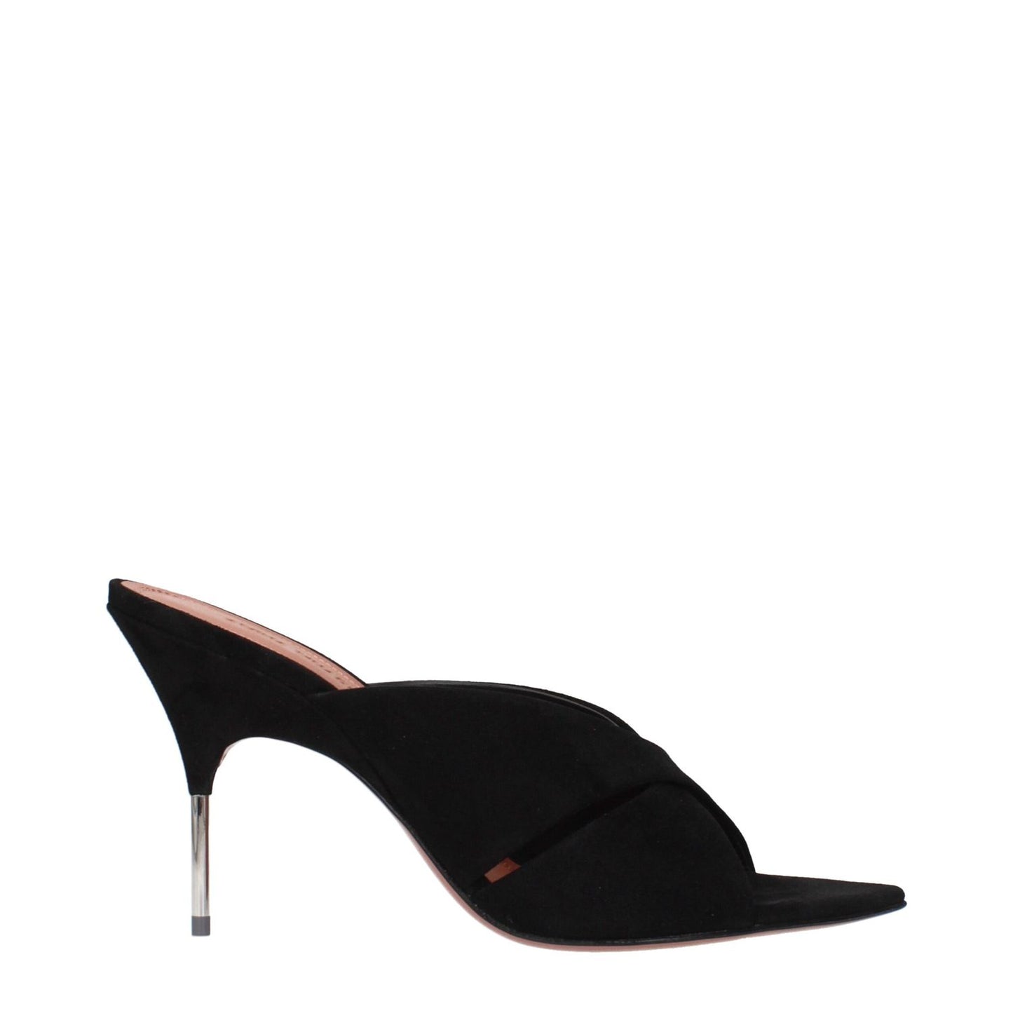 Amina Muaddi Black Leather Stiletto Heel Sandals with sleek design and high heel.