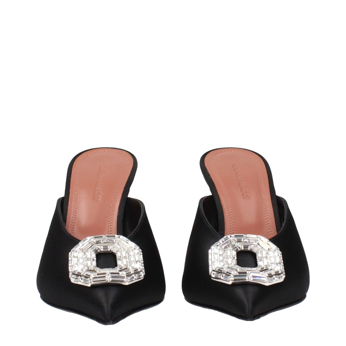 Amina Muaddi Black Satin High Heel Pumps with rhinestone front detail, product code F84601, MPN CAMELIAMULE90SATINBLACK