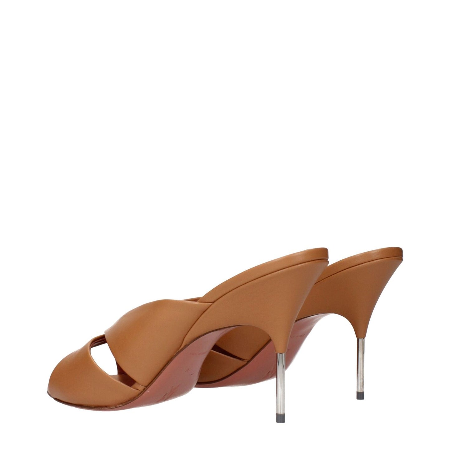 Amina Muaddi Brown Leather Stiletto Heel Sandals, back view with metal heels and open toe design.