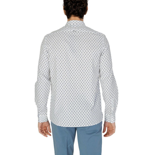 Back view of Antony Morato White Viscose Shirt with geometric print, worn by a model, highlighting long sleeves and comfortable fit.
