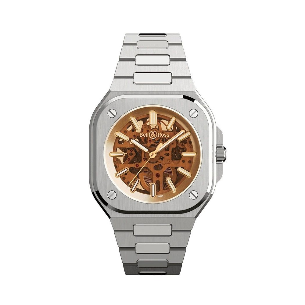 BELL & ROSS MOD. BR05A-CH-SKST_SST luxury watch with metallic strap and skeleton dial design.