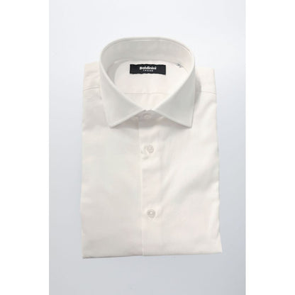 Baldinini Trend White Cotton Men's Shirt folded with French collar on display, showcasing luxury Italian craftsmanship and timeless elegance.