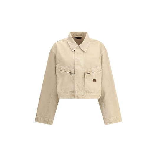 Balenciaga Beige Cotton Denim Jacket with classic collar, zipper front, patch pockets, and mini logo patch for modern workwear style.