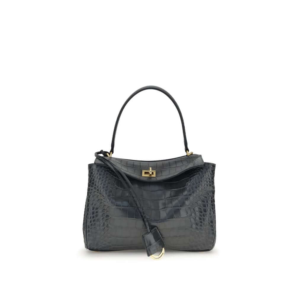 Balenciaga Black Calf Leather Bos Taurus Shoulder Bag with crocodile-print and turn lock closure.