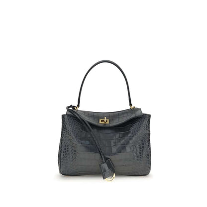 Balenciaga Black Calf Leather Bos Taurus Shoulder Bag with crocodile-print and turn lock closure.