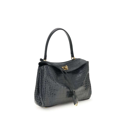 Balenciaga Black Calf Leather Bos Taurus Shoulder Bag with crocodile-print and top handle, featuring flap and turn lock closure.