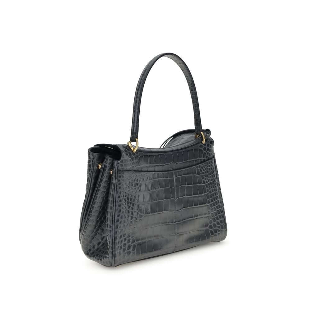 Balenciaga Black Calf Leather Bos Taurus Shoulder Bag with crocodile-print leather, top handle, and removable strap.