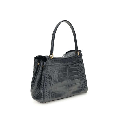 Balenciaga Black Calf Leather Bos Taurus Shoulder Bag with crocodile-print leather, top handle, and removable strap.