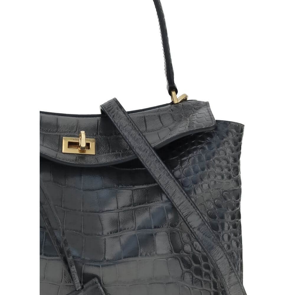 Balenciaga Black Calf Leather Bos Taurus Shoulder Bag with crocodile-print and golden turn lock.