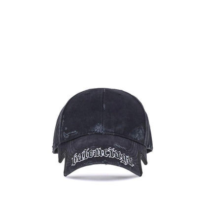 Front view of Balenciaga Black Cotton Cap (Baseball Hat) featuring Blackletter Script embroidery and adjustable closure.