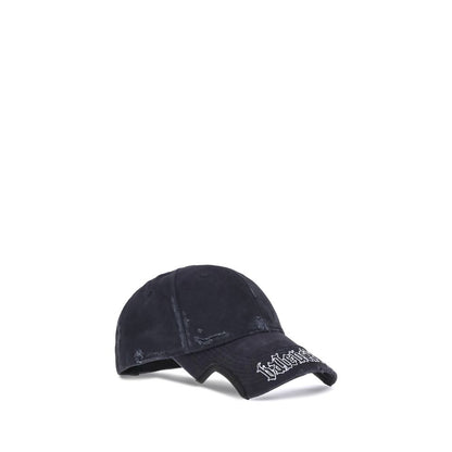 Balenciaga Black Cotton Cap (Baseball Hat) with Blackletter Script, cut-out visor, and adjustable closure. AW25 collection.