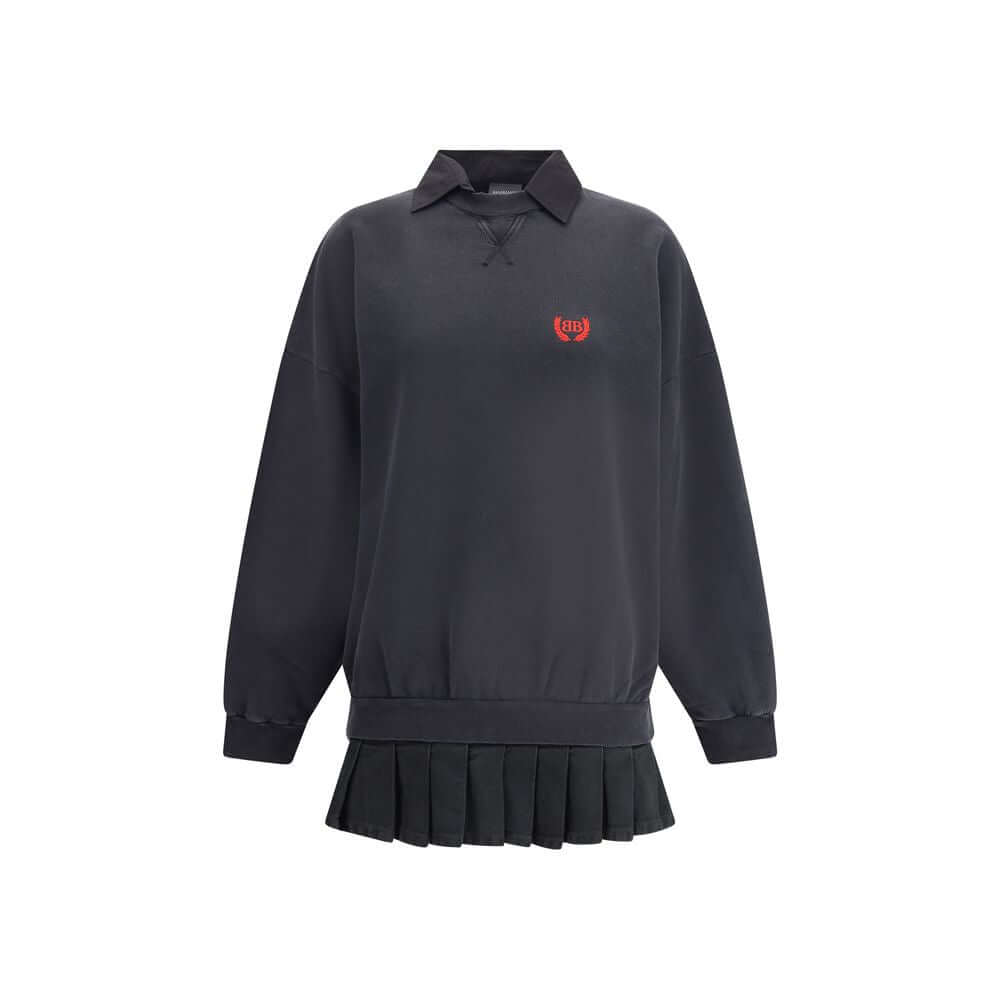 Balenciaga Black Cotton Casual Dress, sweatshirt style with embroidered logo, ribbed neck and cuffs, pleated skirt, 100% cotton.