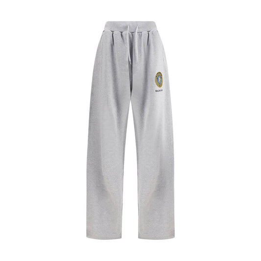 Balenciaga Gray Cotton Joggers (Workout Pants) with elastic waistband and logo patch, showcasing contemporary urban style.
