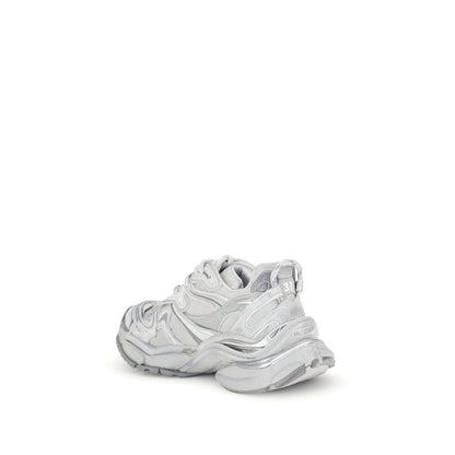 Balenciaga Silver Rubber Athletic Sneakers with worn-in effect, featuring embossed details and signature logos on back and tongue.