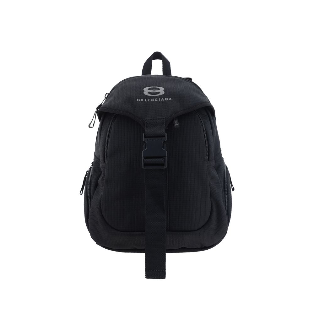 Balenciaga Unity Backpack with top handle, buckle closure, front monogram, zippered pockets, 35x35x16cm, black AW25 edition.