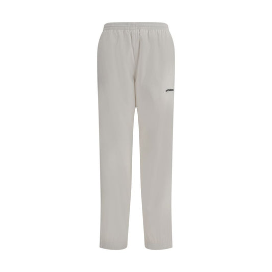 Balenciaga White Polyester Joggers (Workout Pants) featuring elastic waist and logo on front, ideal for upscale casual style.