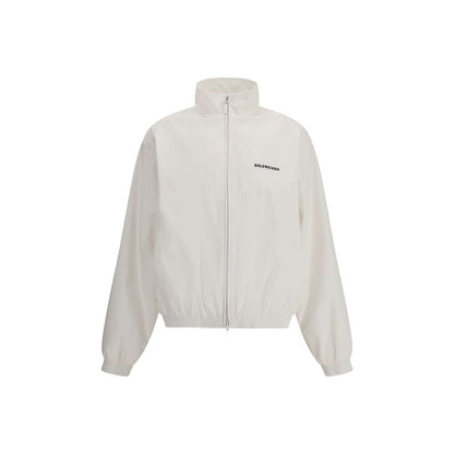 Balenciaga White Polyester Shell Jacket with logo embroidery, high collar, concealed zipper, and elastic cuffs for a snug fit.
