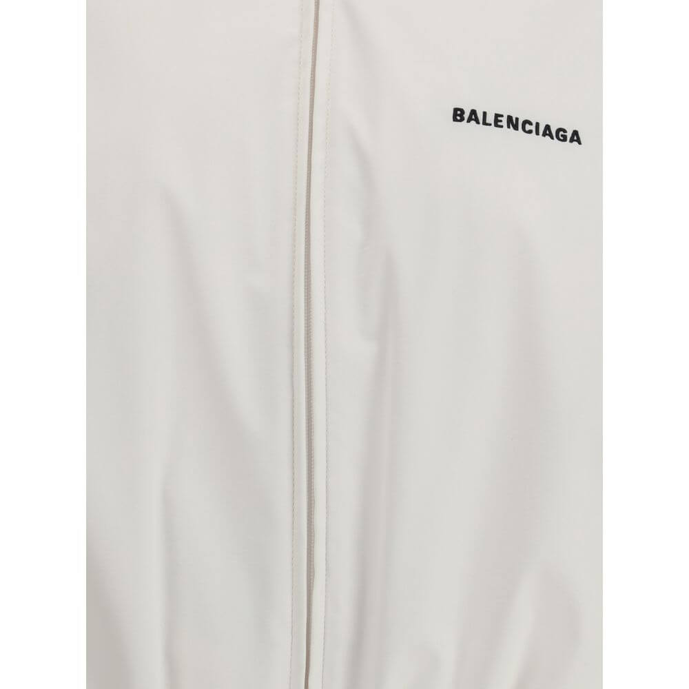 Balenciaga White Polyester Shell Jacket with logo embroidery and concealed zipper, AW25 collection, highlighting technical fabric and design features.