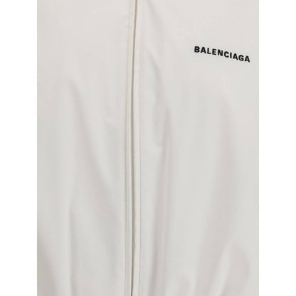 Balenciaga White Polyester Shell Jacket with logo embroidery and concealed zipper, AW25 collection, highlighting technical fabric and design features.